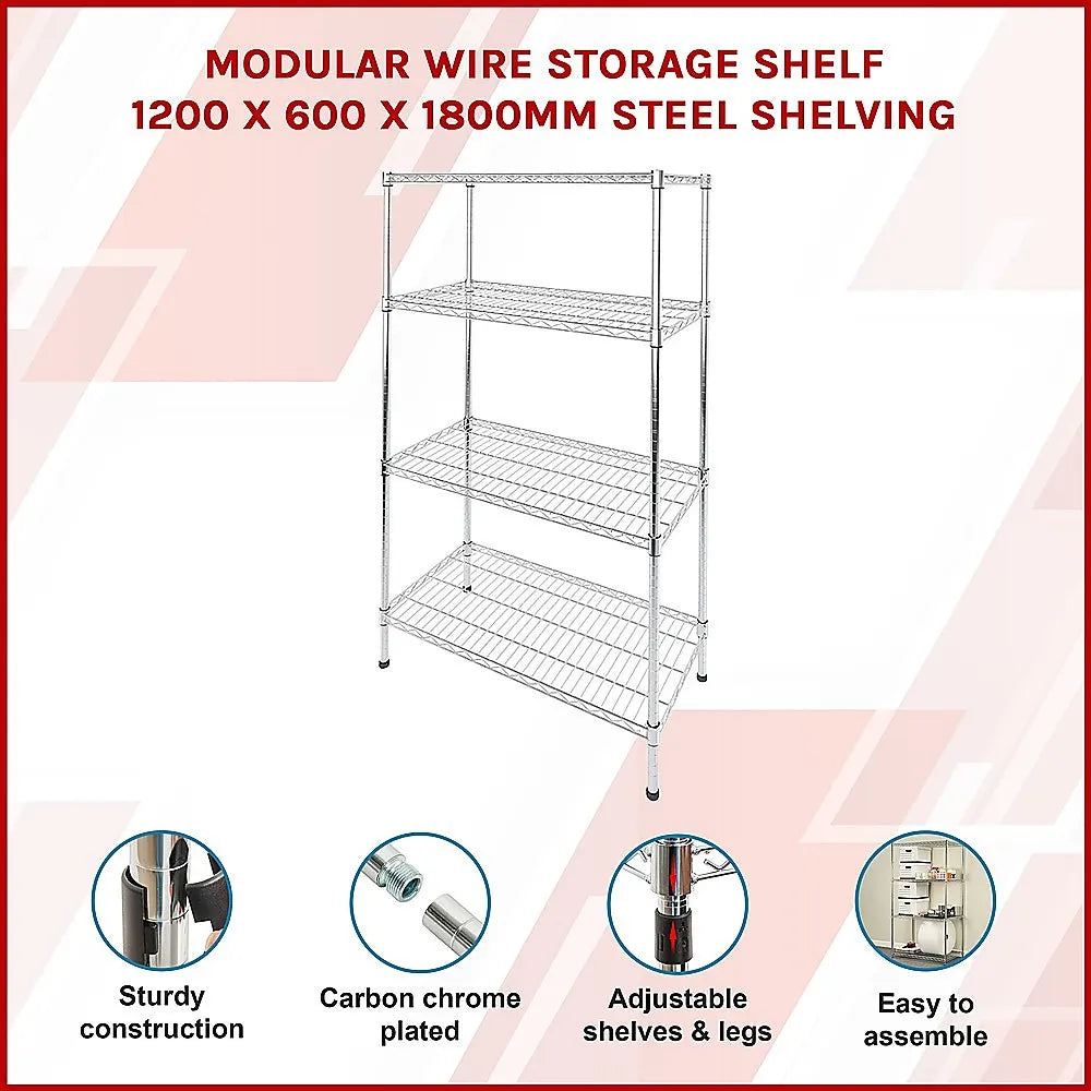 Modular Wire Storage 120x60cm Steel Shelving Chrome With Fixed Legs For Garage Warehouse Or Kitchen Organisation - Image 3
