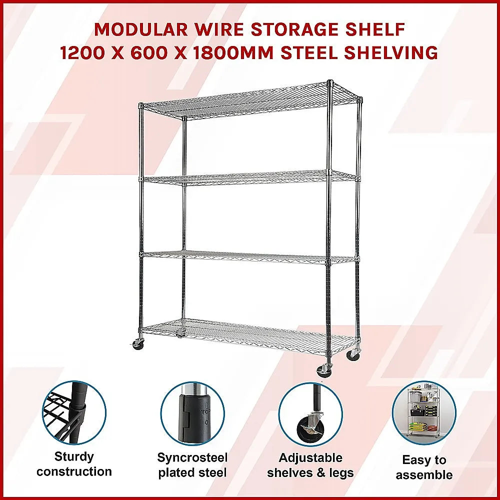 Modular Wire Storage 120x60cm Steel Shelving Chrome With Wheels For Garage Warehouse Or Kitchen Organisation - Image 3