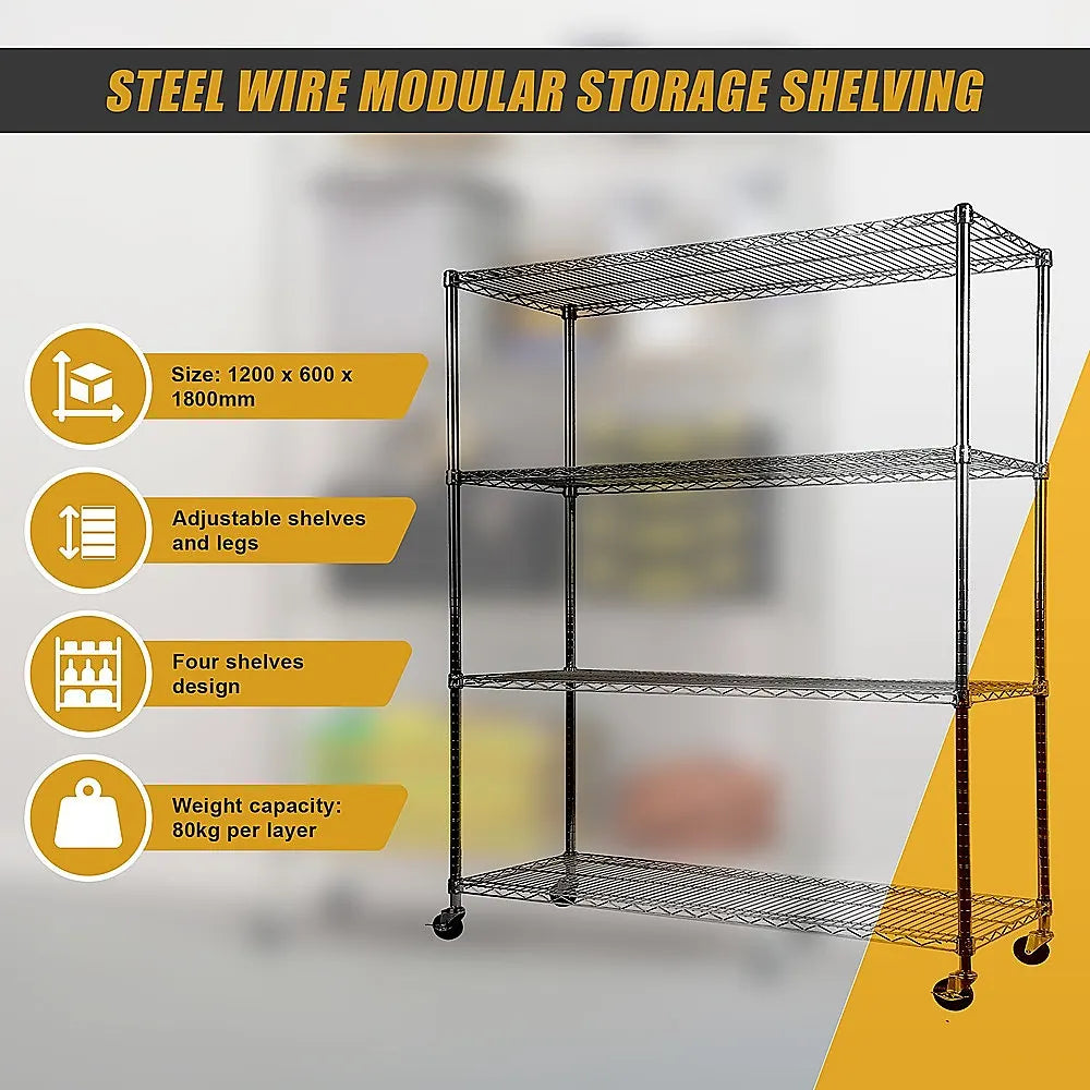 Modular Wire Storage 120x60cm Steel Shelving Chrome With Wheels For Garage Warehouse Or Kitchen Organisation - Image 8