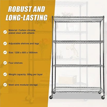 Modular Wire Storage 120x60cm Steel Shelving Chrome With Wheels For Garage Warehouse Or Kitchen Organisation - Image 9