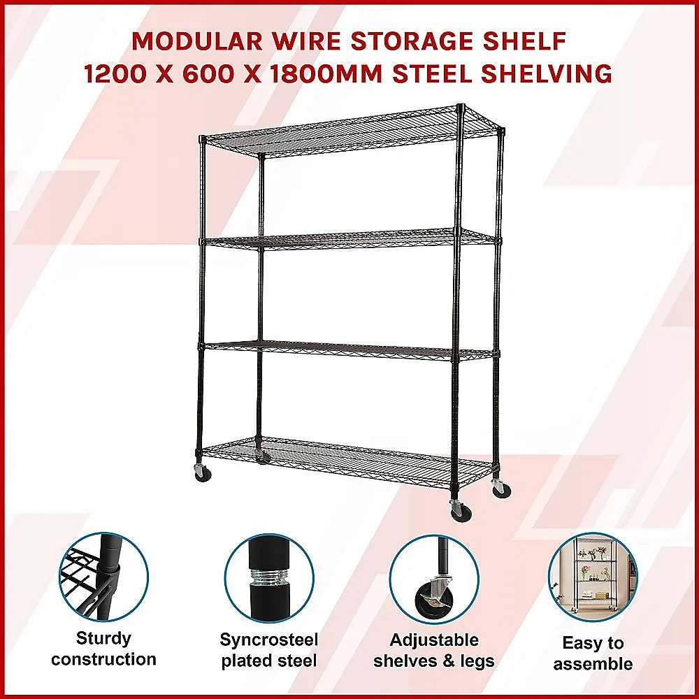 Modular Wire Storage 120x60cm Steel Shelving Black With Wheels For Garage Warehouse Or Kitchen Organisation - Image 3