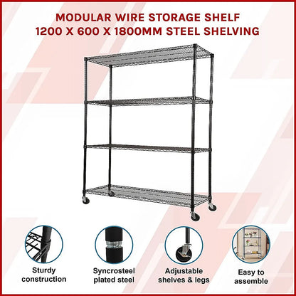 Modular Wire Storage 120x60cm Steel Shelving Black With Wheels For Garage Warehouse Or Kitchen Organisation - Image 3