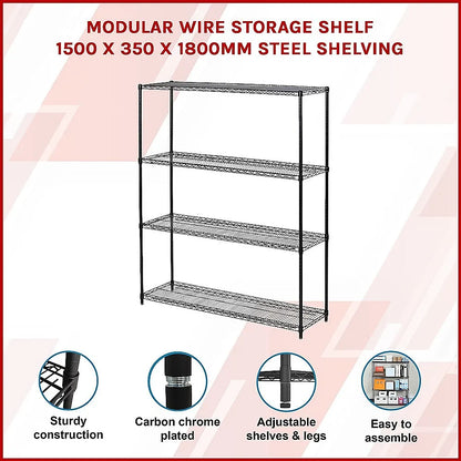 Modular Wire Storage 150x35cm Steel Shelving Black With Fixed Legs For Garage Warehouse Or Kitchen Organisation - Image 3