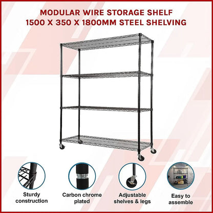 Modular Wire Storage 150x35cm Steel Shelving Black With Wheels For Garage Warehouse Or Kitchen Organisation - Image 3