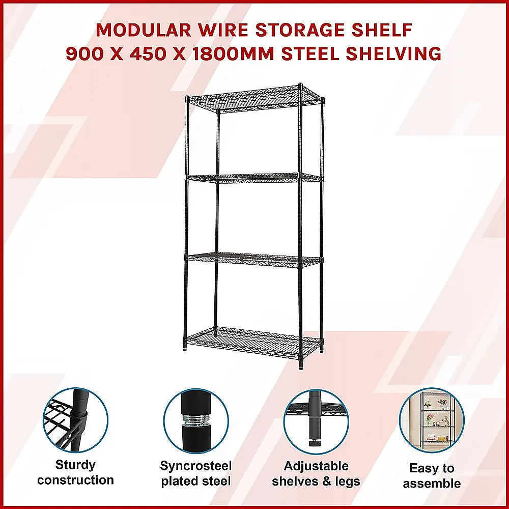 Modular Wire Storage 90x45cm Steel Shelving Black With Fixed Legs For Garage Warehouse Or Kitchen Organisation - Image 3