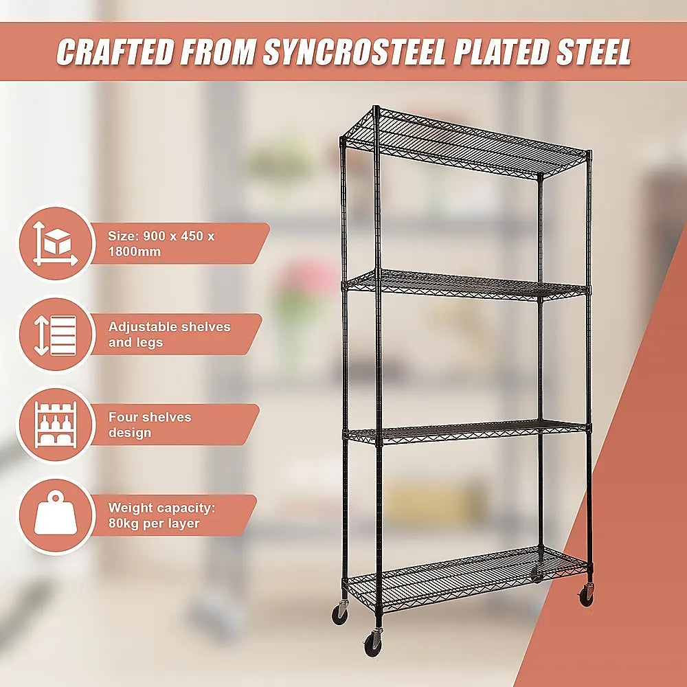 Modular Wire Storage 90x45cm Steel Shelving Black With Wheels For Garage Warehouse Or Kitchen Organisation - Image 9