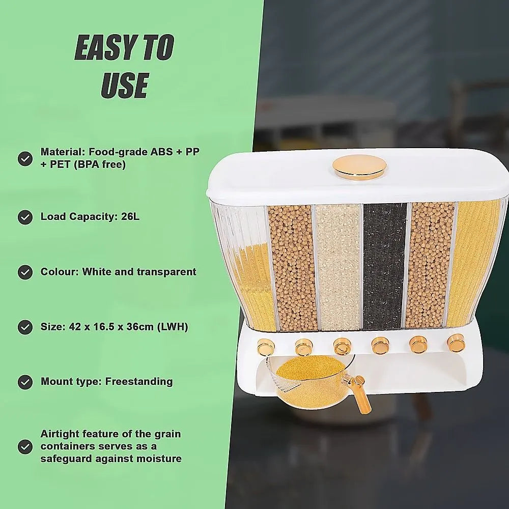 6 Grids Dispenser Storage Container Rice Cereal Beans Grain - Image 3