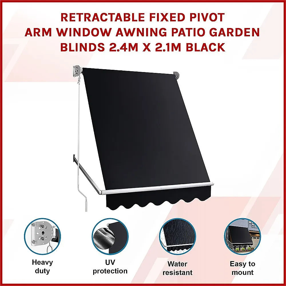 Retractable Fixed Pivot Arm Window Awning Patio Garden Blinds 2.4m x 2.1m Black - Image 4