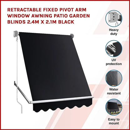 Retractable Fixed Pivot Arm Window Awning Patio Garden Blinds 2.4m x 2.1m Black - Image 3