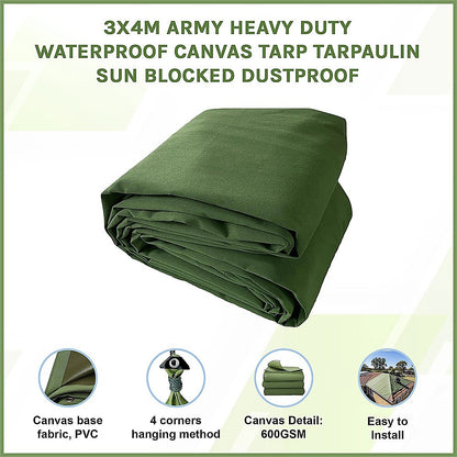 3x4M Army Heavy Duty Waterproof Canvas Tarp Tarpaulin Sun Blocked Dustproof - Image 5