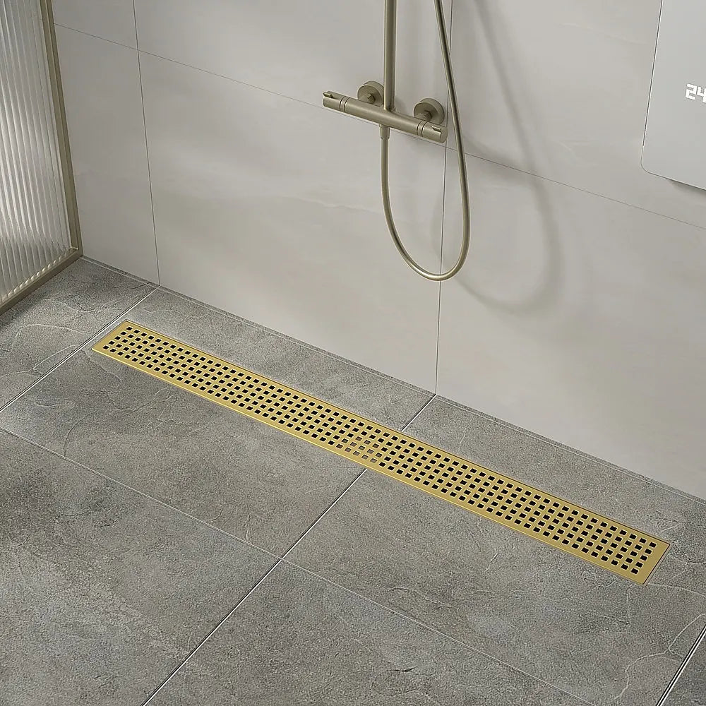 900mm Bathroom Shower Brushed Brass Grate Drain w/ Centre outlet Floor Waste Square Pattern - Image 2