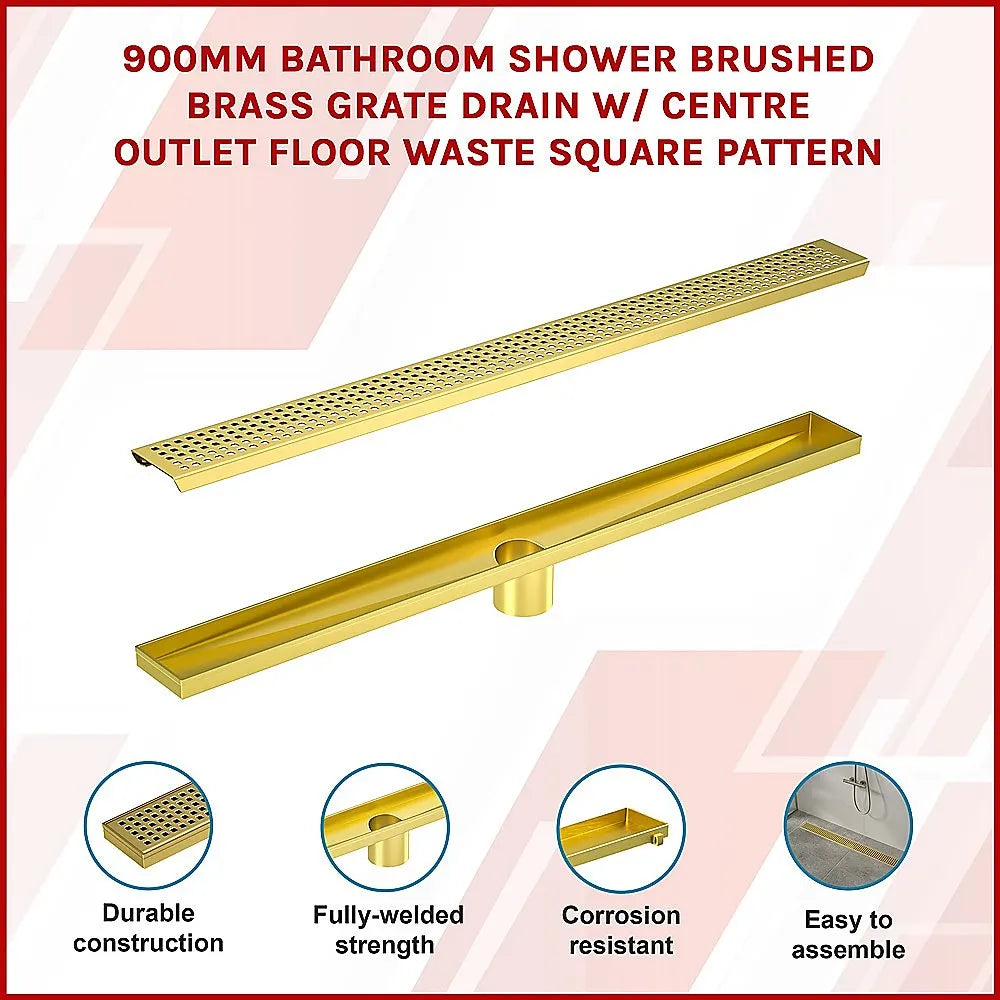 900mm Bathroom Shower Brushed Brass Grate Drain w/ Centre outlet Floor Waste Square Pattern - Image 3