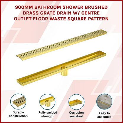 900mm Bathroom Shower Brushed Brass Grate Drain w/ Centre outlet Floor Waste Square Pattern - Image 3