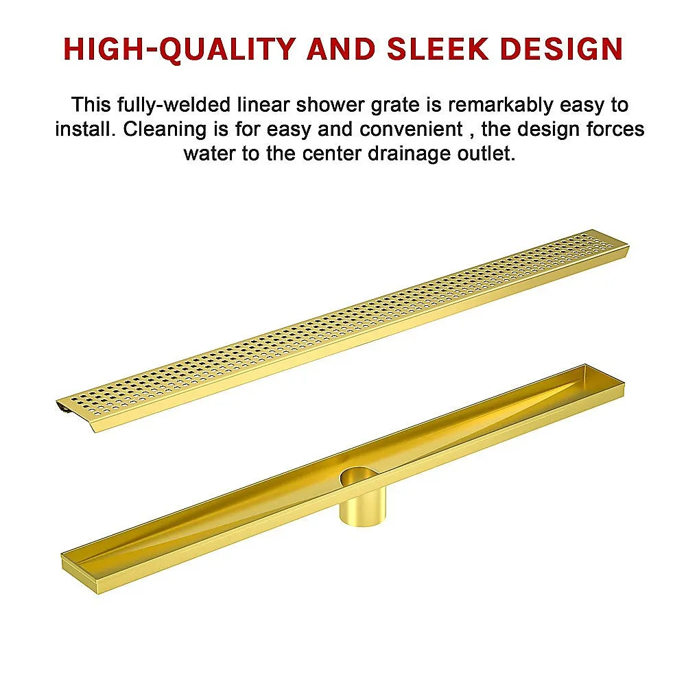 900mm Bathroom Shower Brushed Brass Grate Drain w/ Centre outlet Floor Waste Square Pattern - Image 9