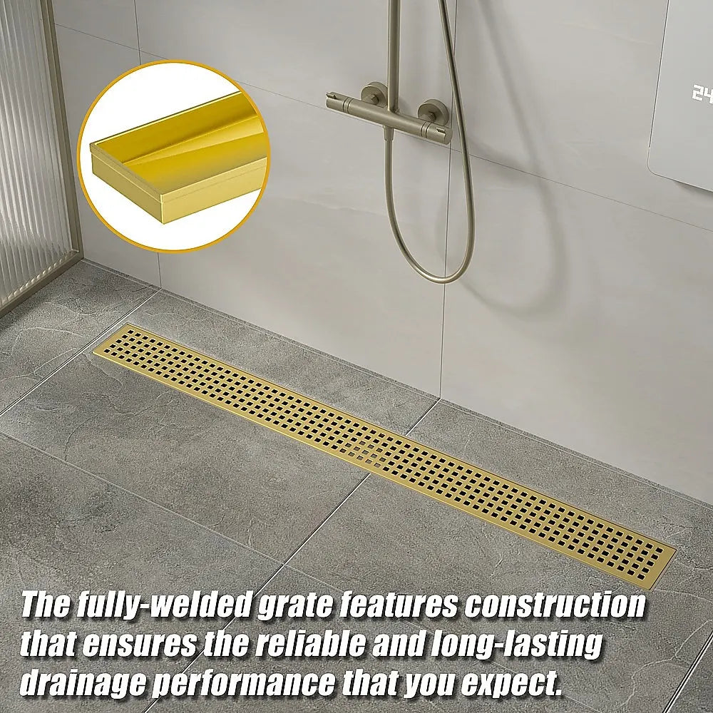 900mm Bathroom Shower Brushed Brass Grate Drain w/ Centre outlet Floor Waste Square Pattern - Image 5