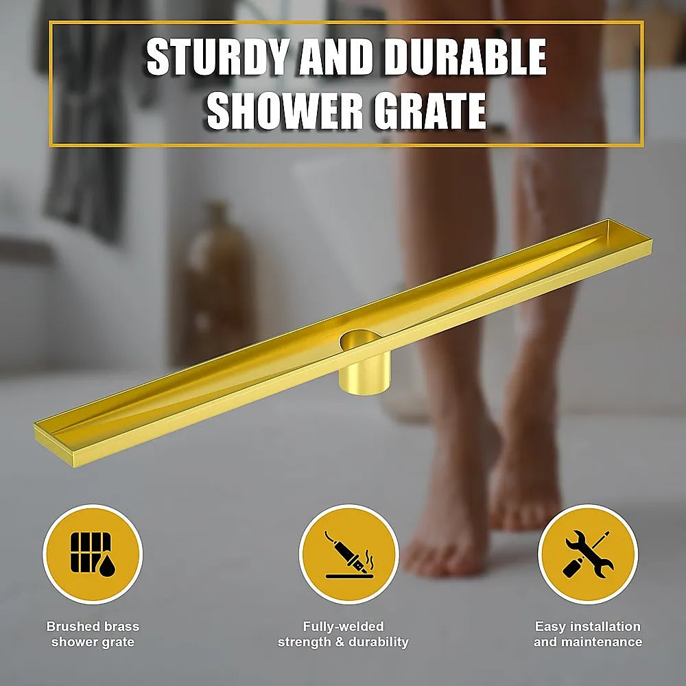 900mm Bathroom Shower Brushed Brass Grate Drain w/ Centre outlet Floor Waste Square Pattern - Image 6