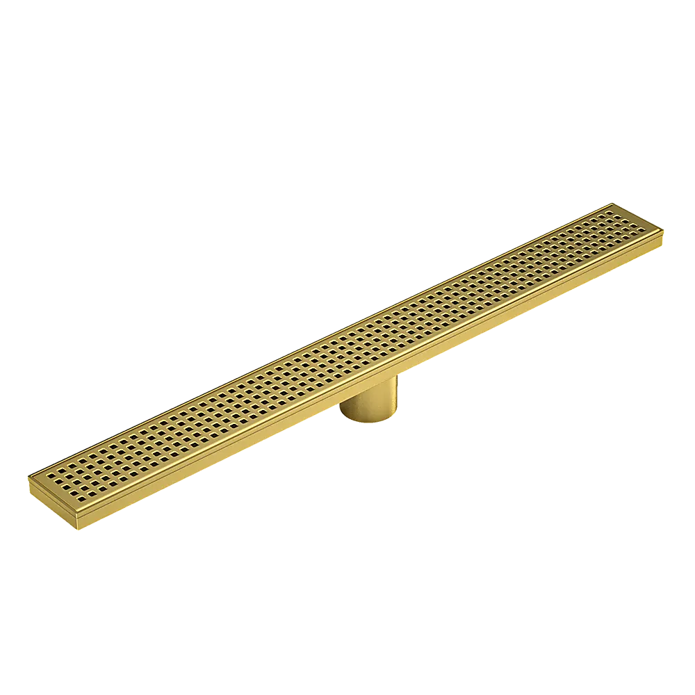 900mm Bathroom Shower Brushed Brass Grate Drain w/ Centre outlet Floor Waste Square Pattern - Image 7