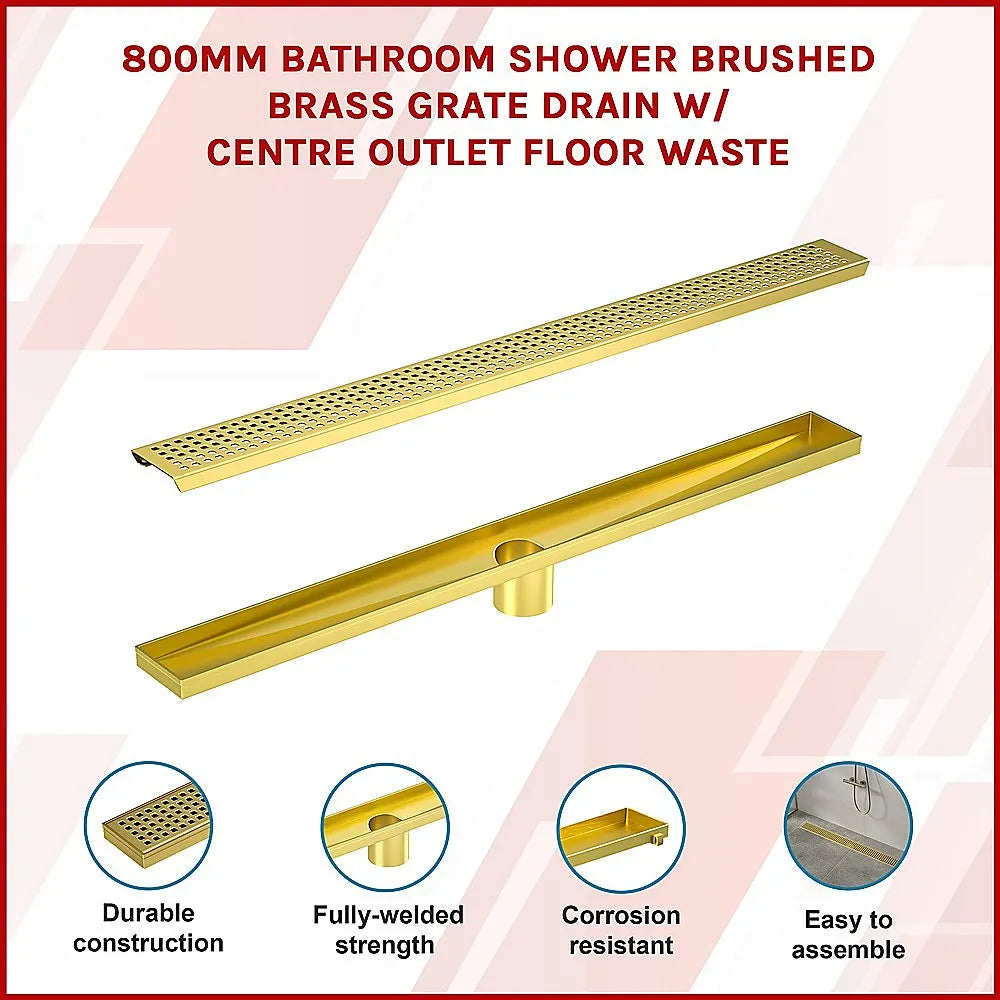 800mm Bathroom Shower Brushed Brass Grate Drain w/ Centre outlet Floor Waste - Image 3