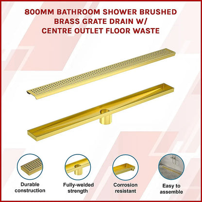 800mm Bathroom Shower Brushed Brass Grate Drain w/ Centre outlet Floor Waste - Image 3