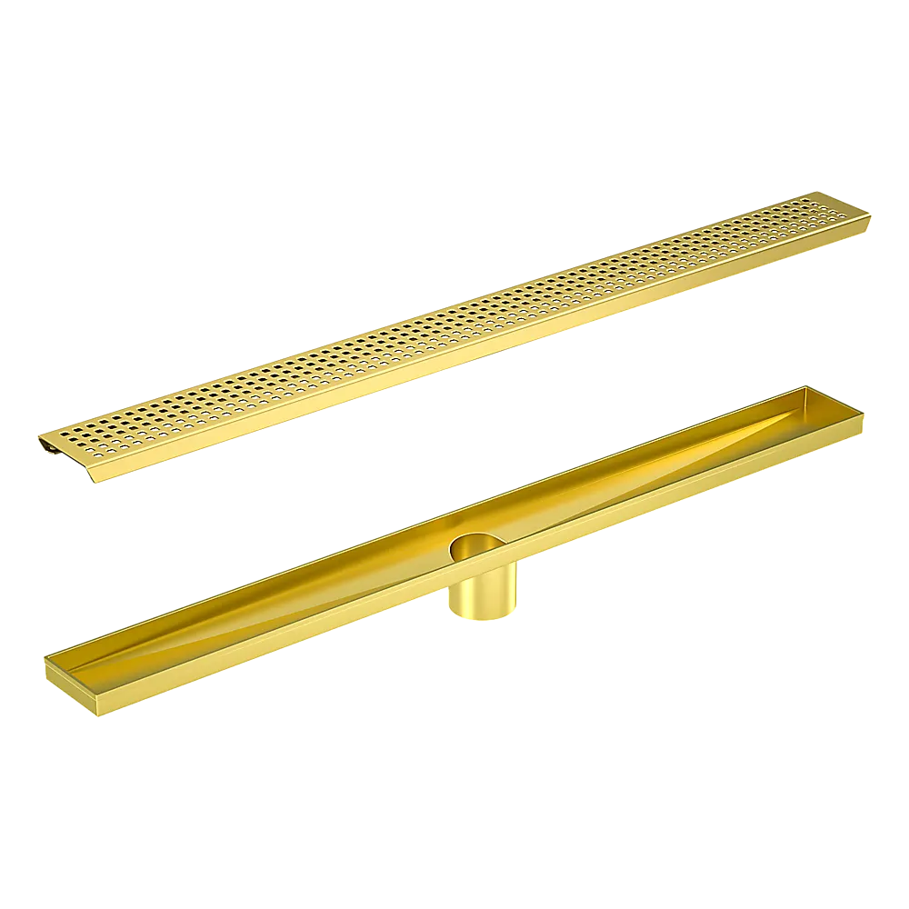800mm Bathroom Shower Brushed Brass Grate Drain w/ Centre outlet Floor Waste