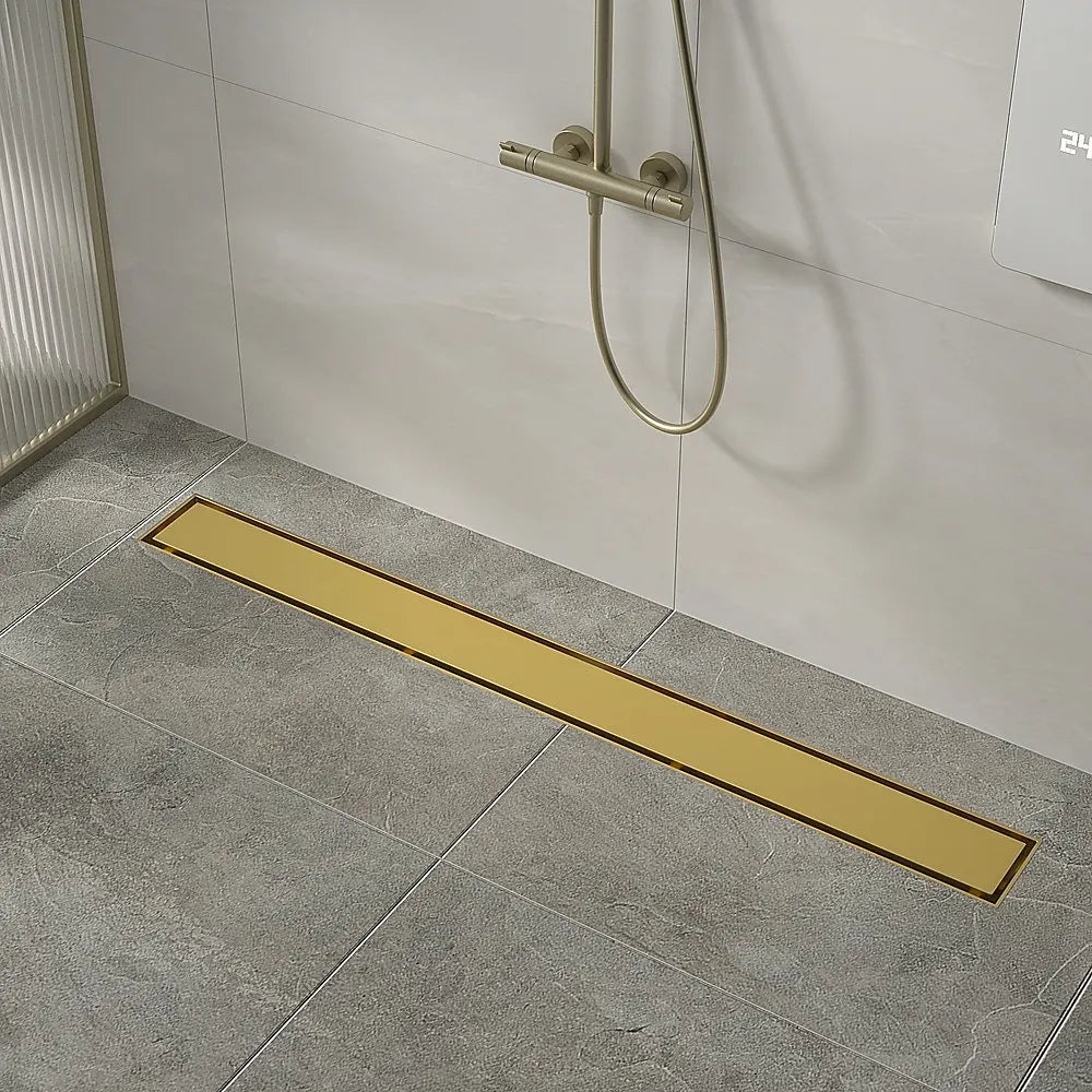 1000mm Tile Insert Bathroom Shower Brushed Brass Grate Drain w/Centre outlet Floor Waste - Image 2