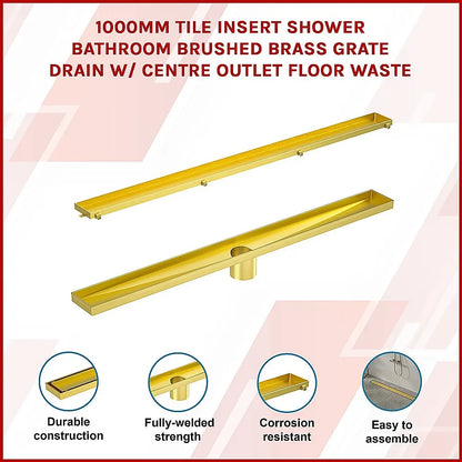 1000mm Tile Insert Bathroom Shower Brushed Brass Grate Drain w/Centre outlet Floor Waste - Image 3