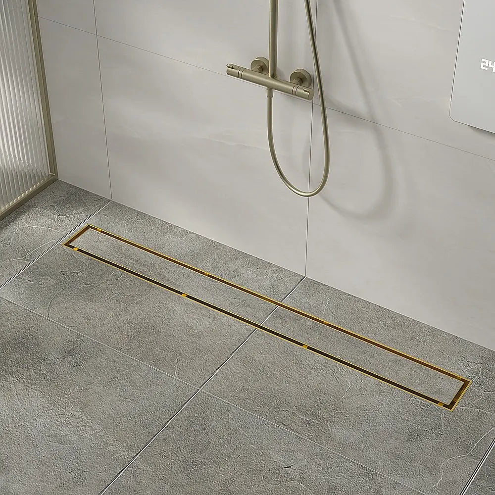 1000mm Tile Insert Bathroom Shower Brushed Brass Grate Drain w/Centre outlet Floor Waste - Image 5