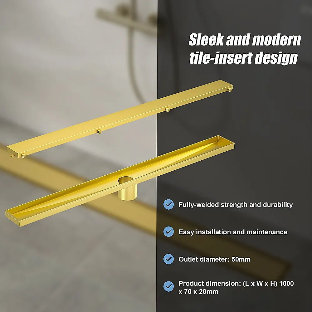 1000mm Tile Insert Bathroom Shower Brushed Brass Grate Drain w/Centre outlet Floor Waste - Image 7