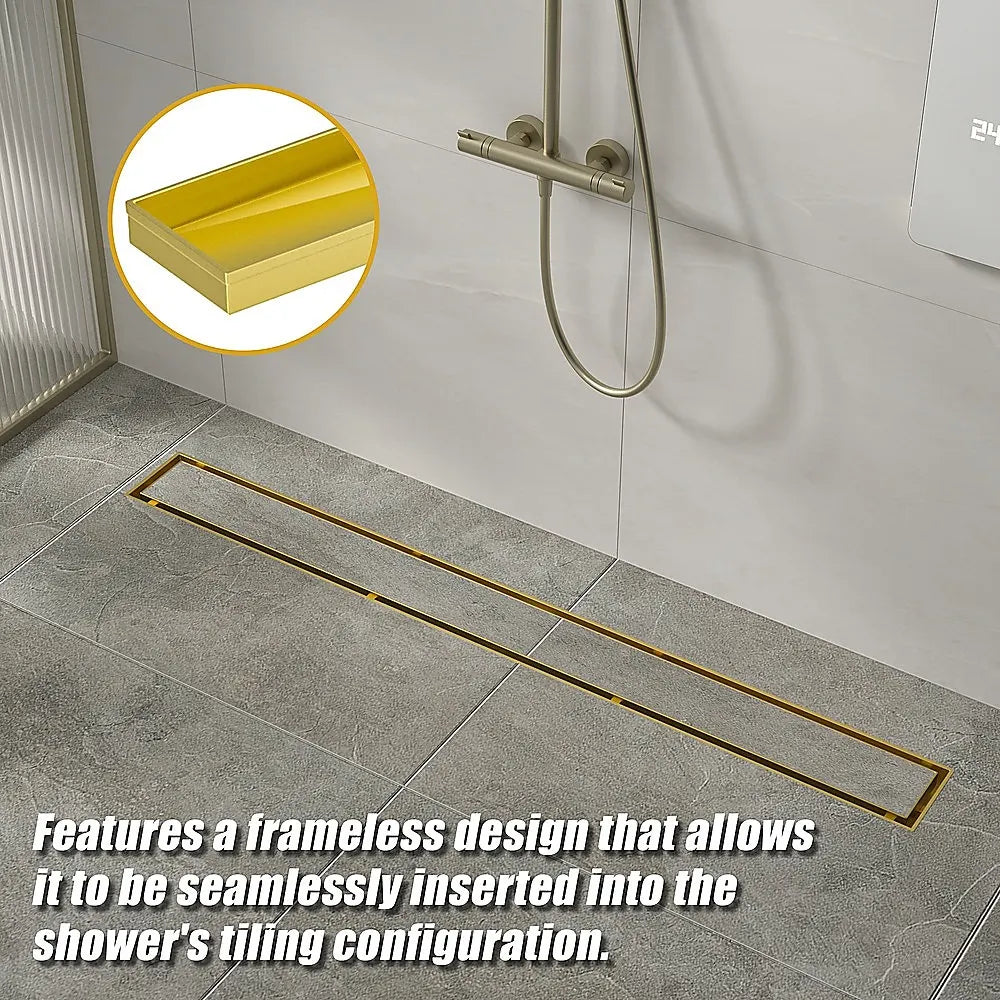 1000mm Tile Insert Bathroom Shower Brushed Brass Grate Drain w/Centre outlet Floor Waste - Image 9