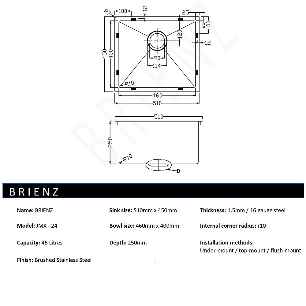 510x450mm Handmade Stainless Steel Undermount / Topmount Kitchen Laundry Sink with Waste - Image 5