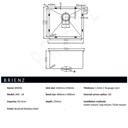 510x450mm Handmade Stainless Steel Undermount / Topmount Kitchen Laundry Sink with Waste - Image 5