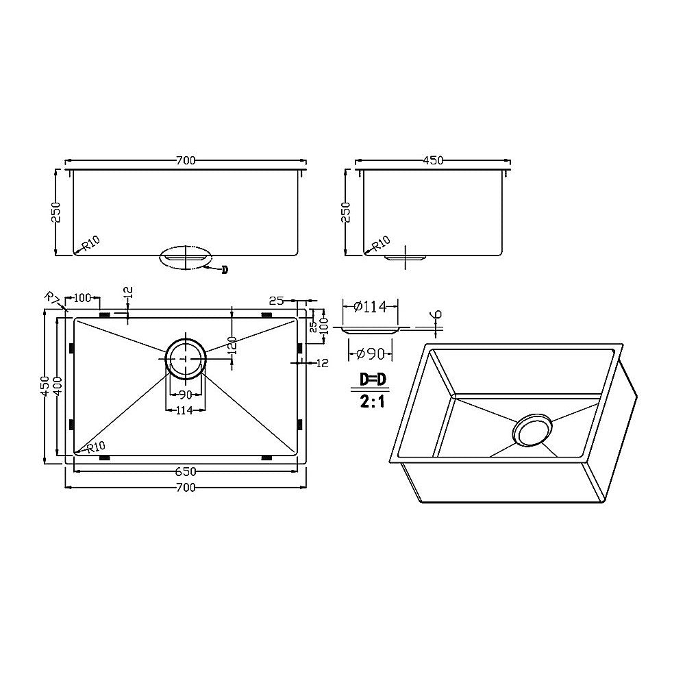 700x450mm Handmade Stainless Steel Undermount / Topmount Kitchen Laundry Sink with Waste - Image 2