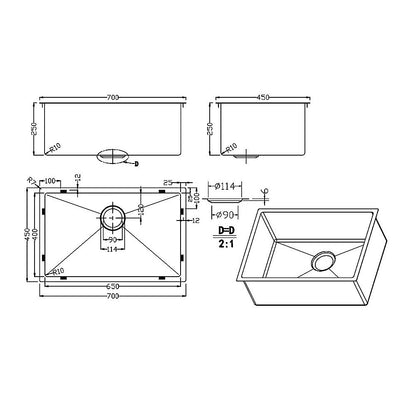 700x450mm Handmade Stainless Steel Undermount / Topmount Kitchen Laundry Sink with Waste - Image 2