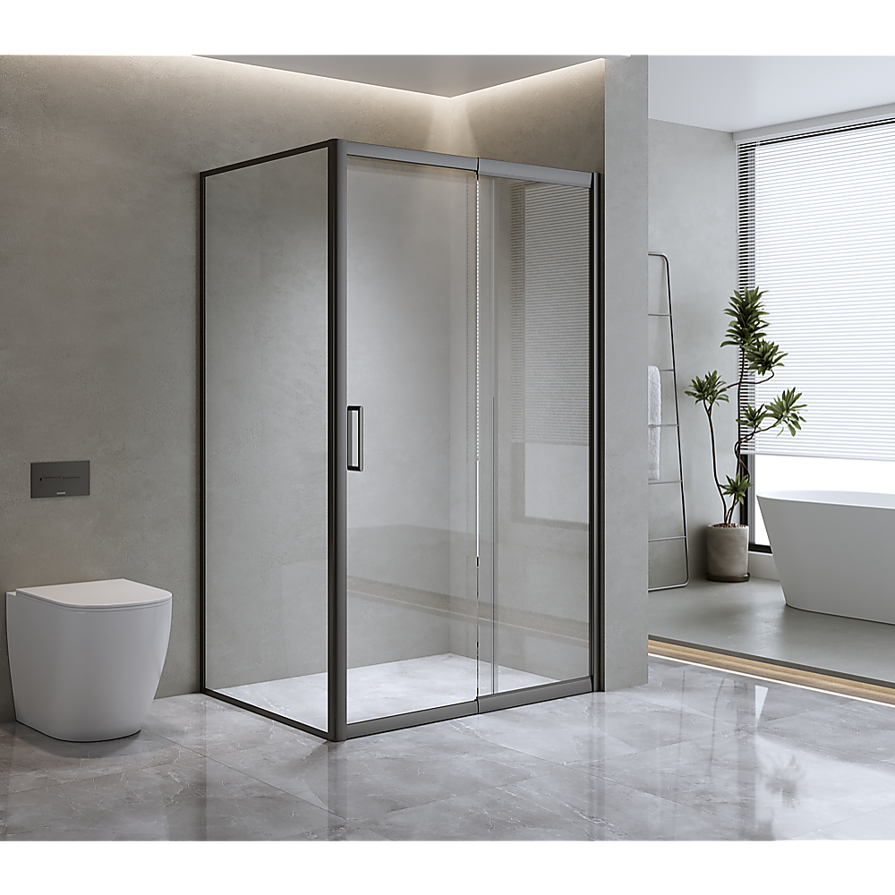 150mm Adjustable (2000x920mm) Single Door Corner Sliding Glass Shower Screen in Black - Image 3
