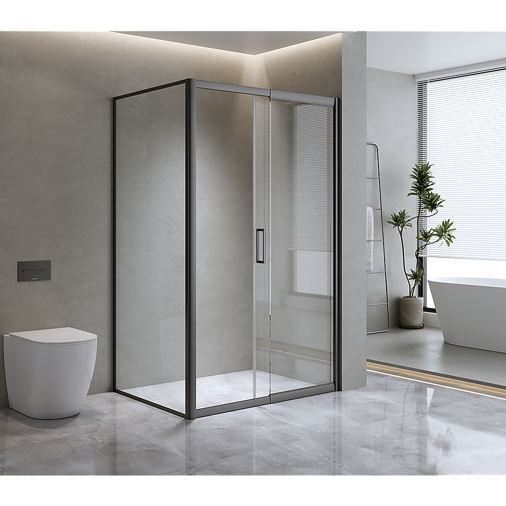 150mm Adjustable (2000x920mm) Single Door Corner Sliding Glass Shower Screen in Black - Image 4
