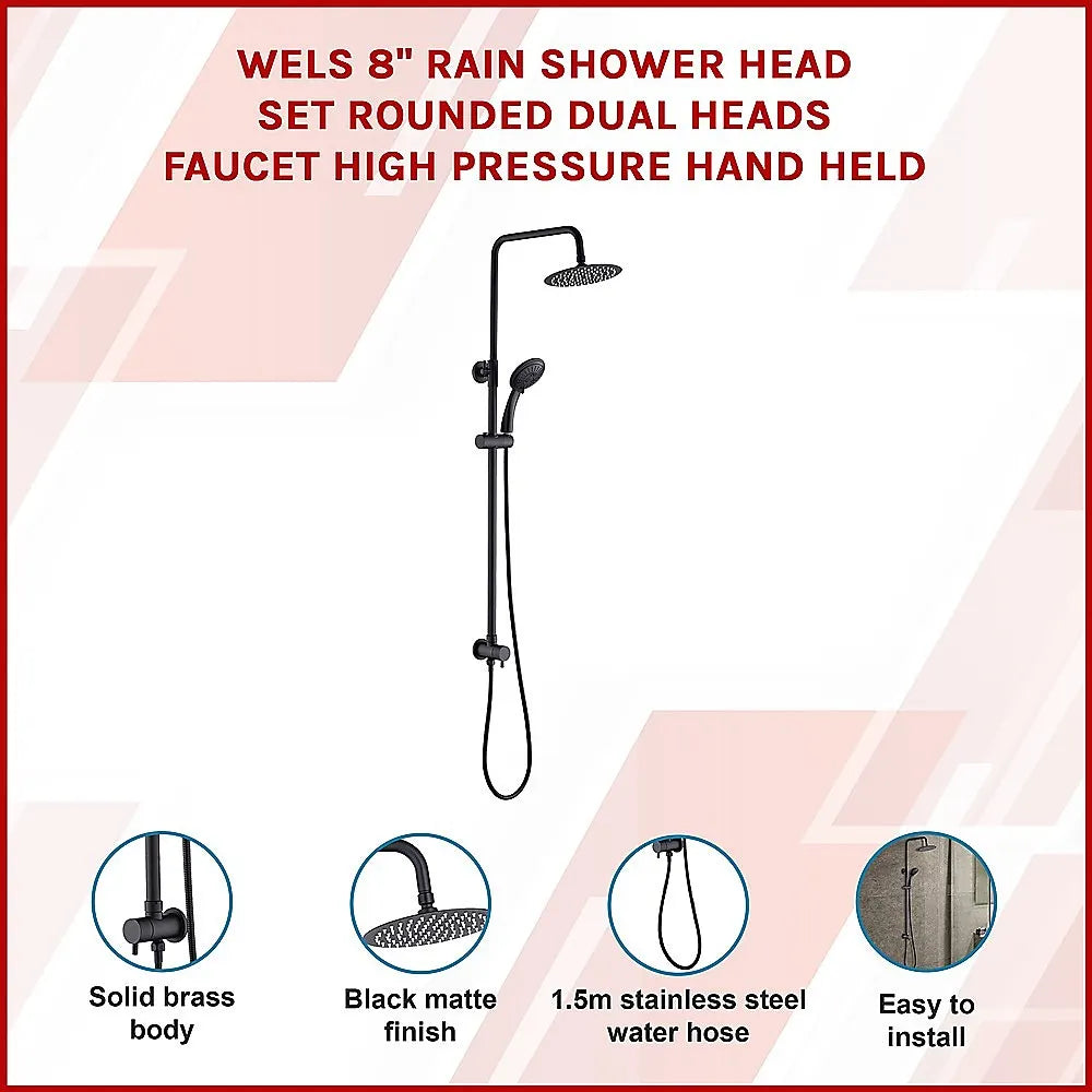 WELS 8" Rain Shower Head Set Rounded Dual Heads Faucet High Pressure Hand Held - Image 3