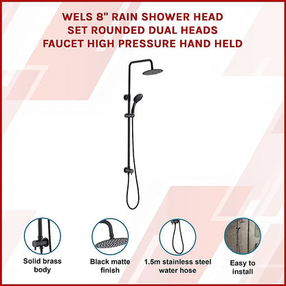 WELS 8" Rain Shower Head Set Rounded Dual Heads Faucet High Pressure Hand Held - Image 3