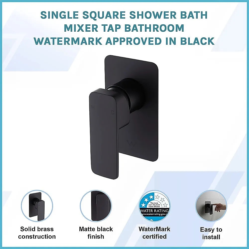 Single Square Shower Bath Mixer Tap Bathroom WATERMARK Approved in Black - Image 3