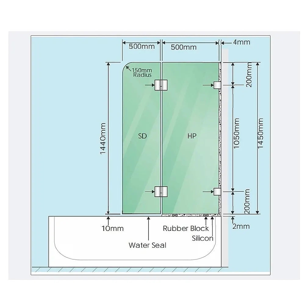 100cm Frameless Glass Bath Screen – Stainless Steel F-Brackets in Black - Image 3