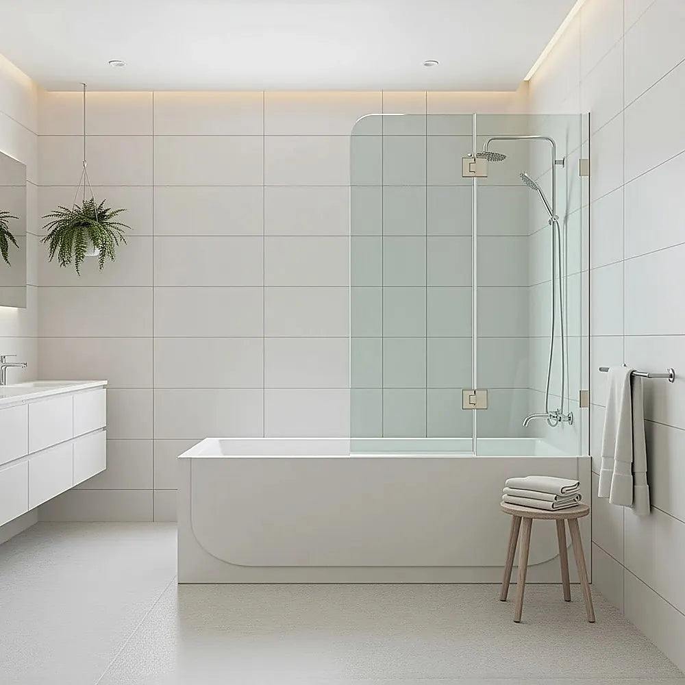 120cm Frameless Glass Bath Screen – Stainless Steel F-Brackets in Nickel