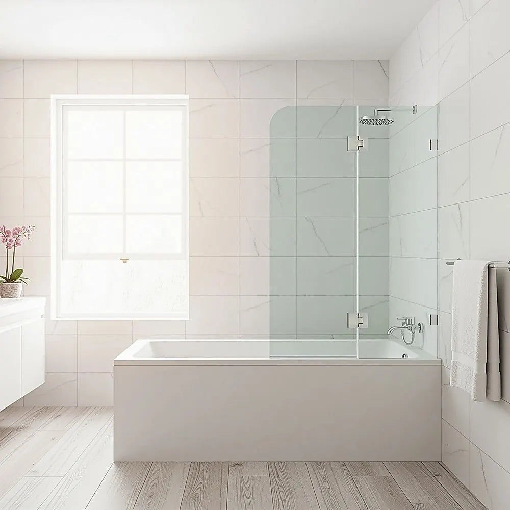100cm Frameless Glass Bath Screen – Brass F-Brackets in Black for Stylish Bathroom Upgrade