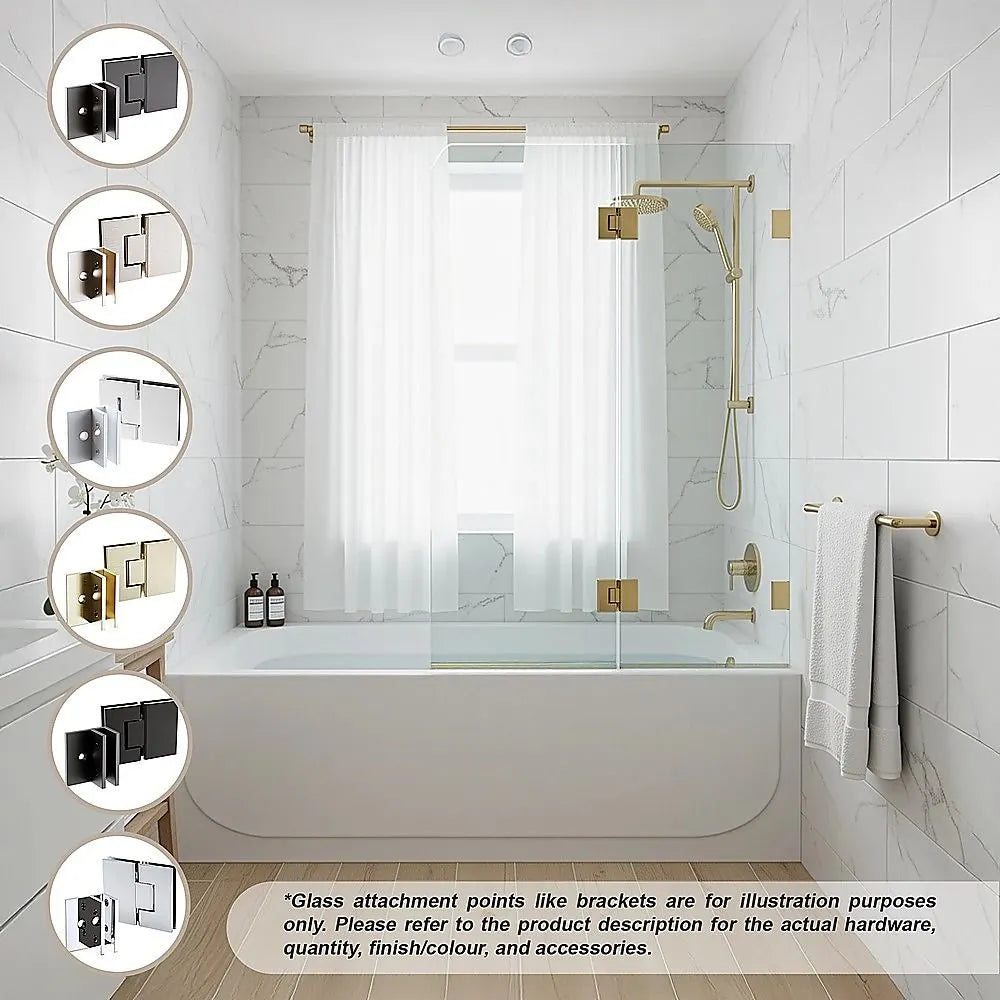 120cm Frameless Glass Bath Screen – Brass F-Brackets in Black for Stylish Bathroom Upgrade - Image 2