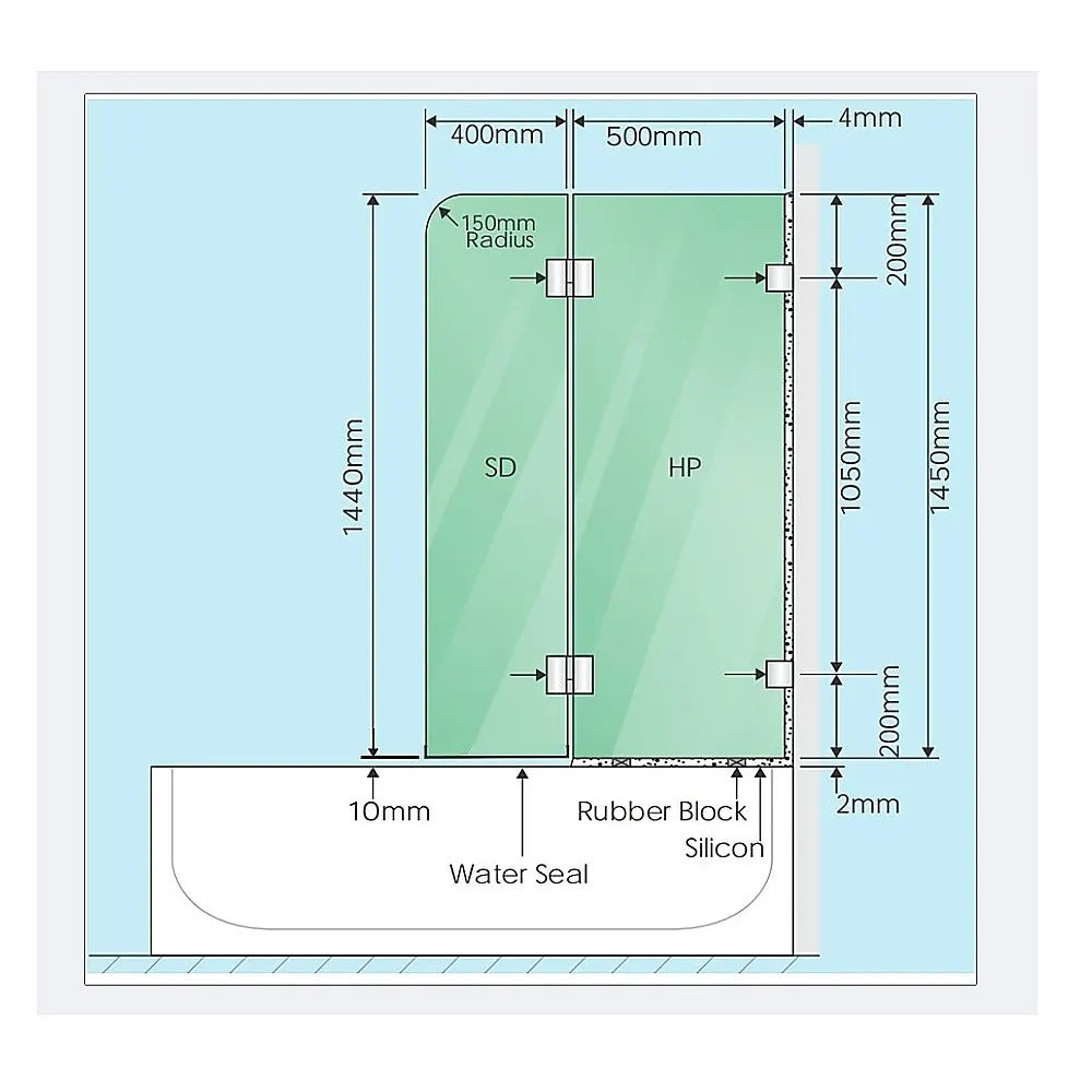 90cm Frameless Glass Bath Screen – Wall Channel with Brass Hinges in Gold Finish - Image 3