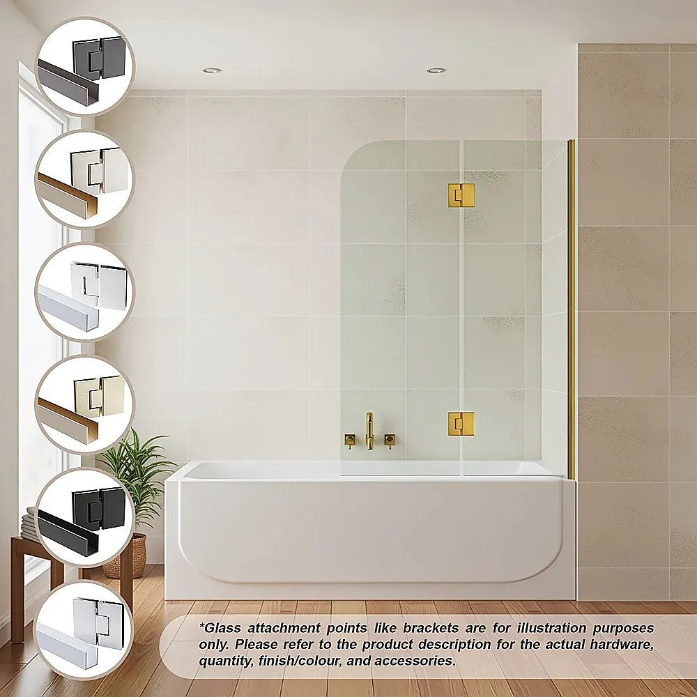 100cm Frameless Glass Bath Screen – Wall Channel with Brass Hinges in Gold Finish - Image 2