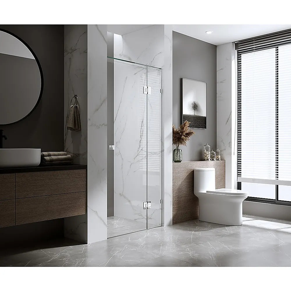 90cm Wall-to-Wall Frameless Shower Screen – Gold F-Brackets with SS Hinges & Round Knob Handle - Image 2