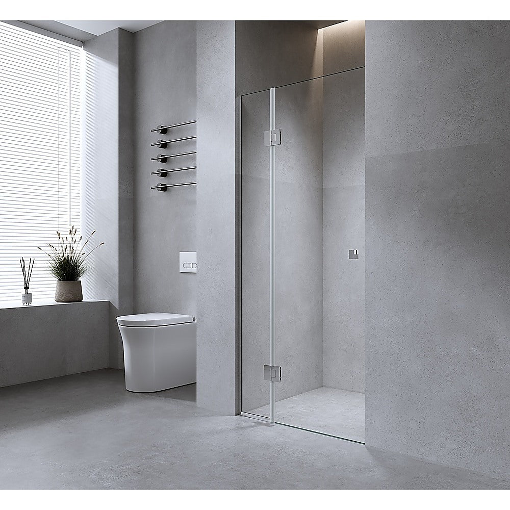 110cm Wall to Wall Frameless Shower Screen – Gold Wall Channel and Floor Channel, SS Hinges & Square Knob Handle