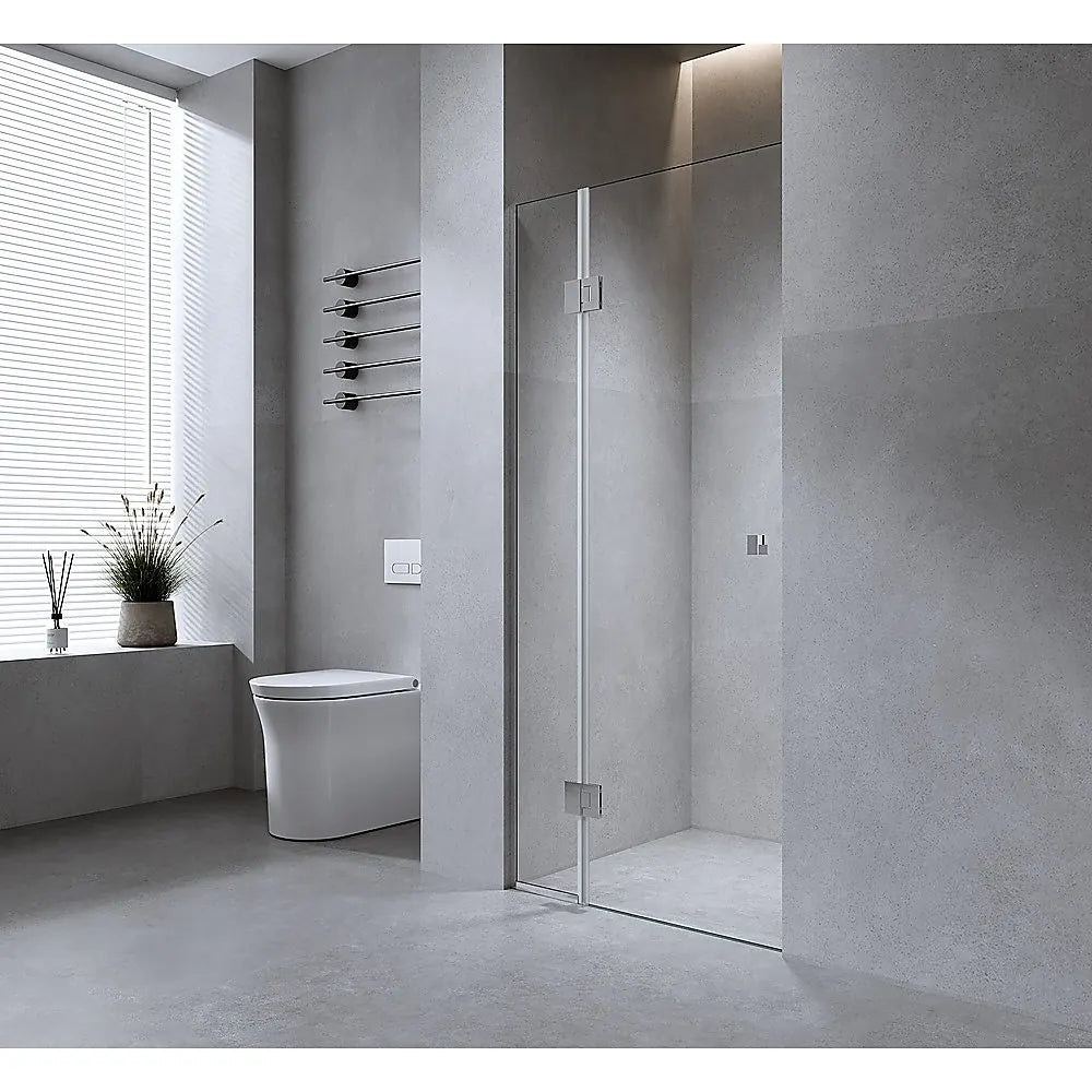 90cm Wall to Wall Frameless Shower Screen – Black Wall Channel and Floor Channel, SS Hinges & Square Double Pull Handle