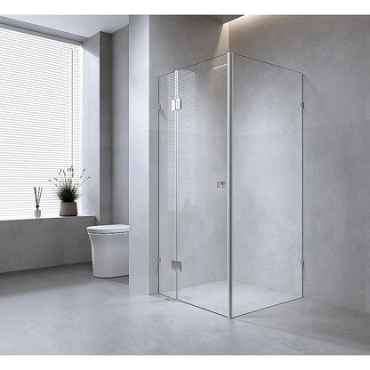 90x90cm Corner Frameless Shower Screen with Chrome Wall Channel and Floor F-Bracket and SS Hinges, Round Knob Handle - Image 2