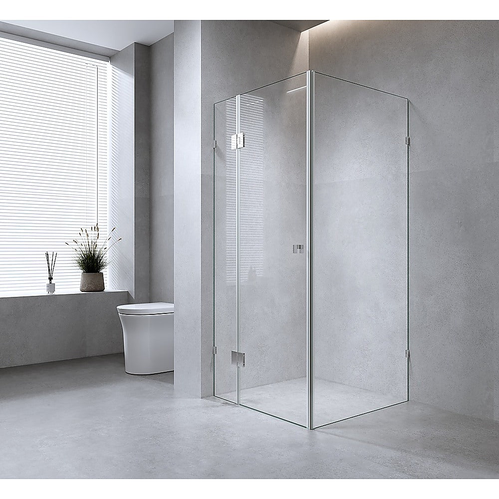 100x90cm Corner Frameless Shower Screen with Gunmetal F-Brackets and SS Hinges, Square Double Pull Handle