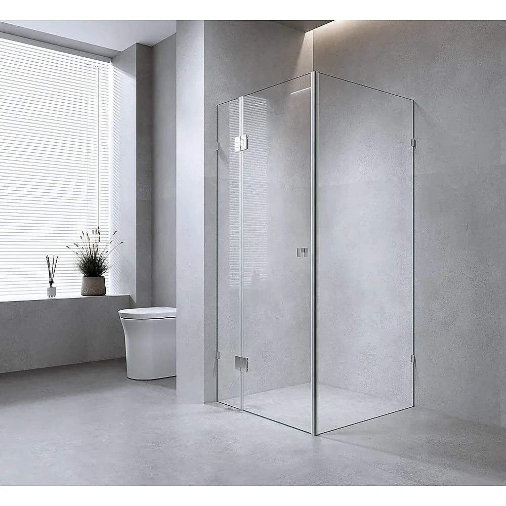120x90cm Corner Frameless Shower Screen with Black U-Brackets and SS Hinges, Square Double Pull Handle